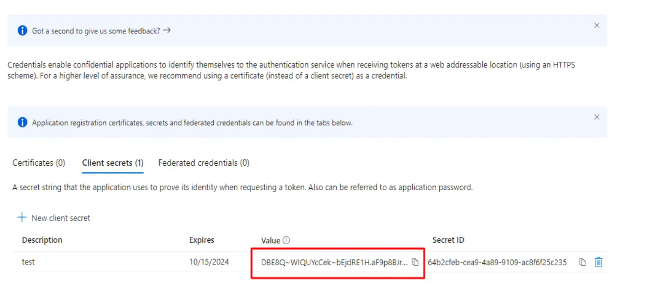 Copy Client Secrets Value