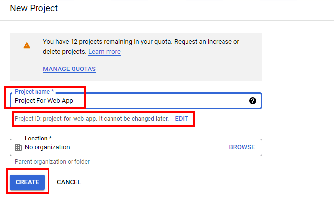 enter project name and create
