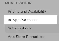 In App Purchases Menu