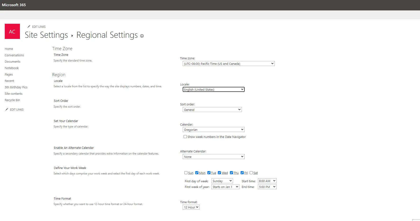 Site Regional Settings