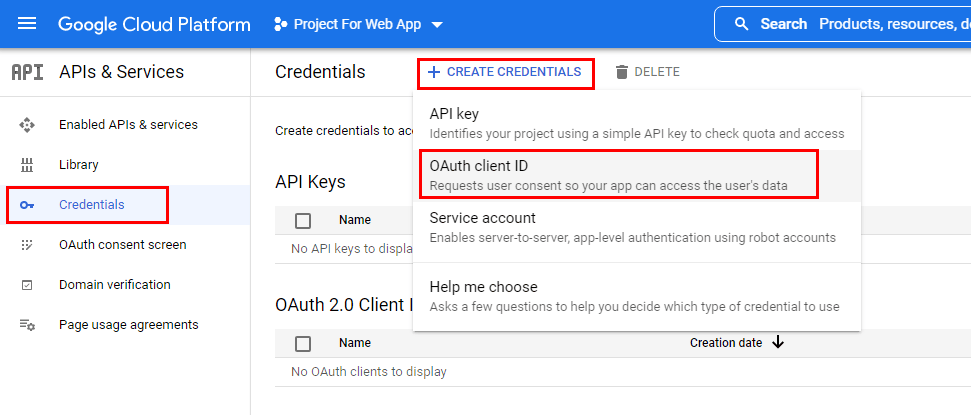 create credentials oauth client id