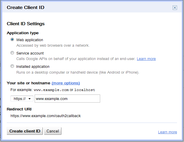 Google plus API Application Type