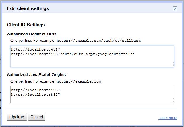 Google plus API Redirect URLs