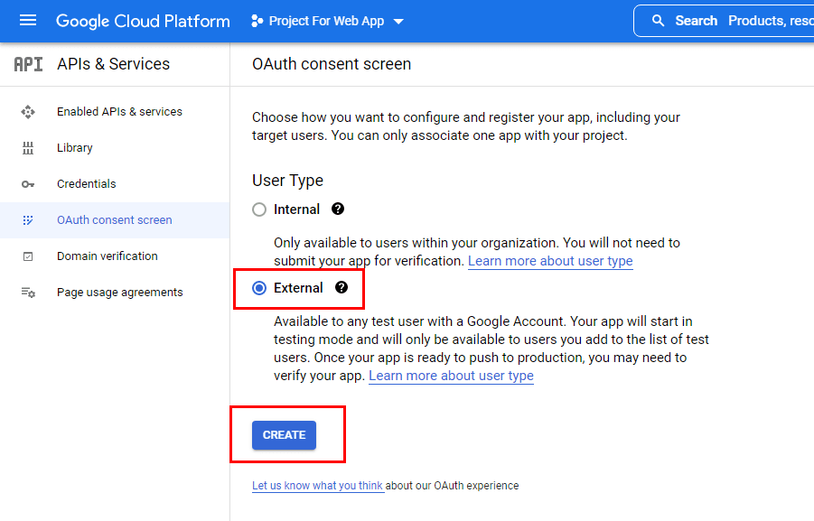 Select User Type on OAuth Consent Screen