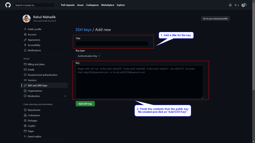 ssh key in portal