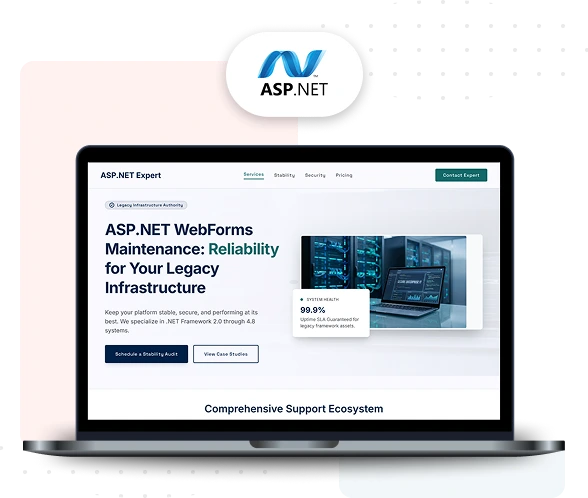 ASP.NET Expert website promoting ASP.NET WebForms maintenance services for legacy infrastructure, featuring reliability-focused messaging, server dashboard imagery, and calls to action for a stability audit and case studies.